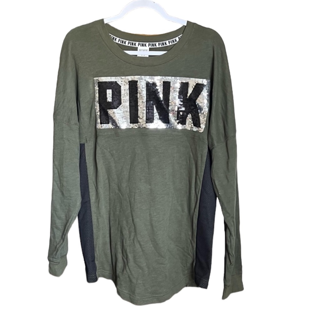 PINK Victoria’s Secret Bling Varsity Crew Olive Green Sz Medium